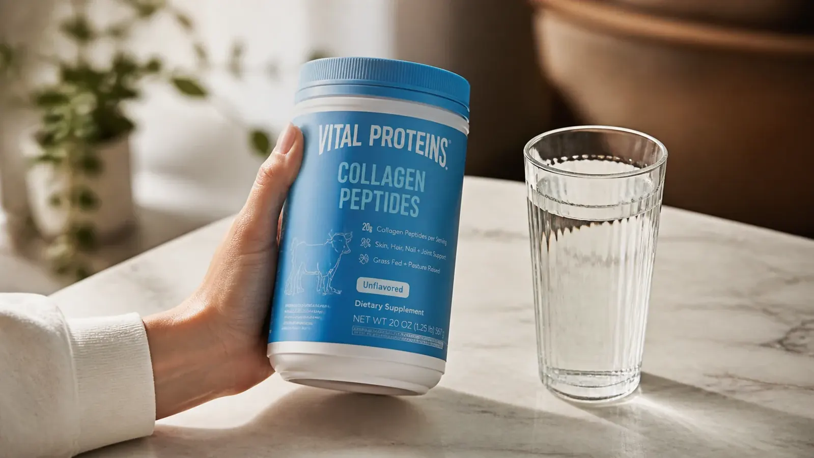 Close-up of a hand holding a canister of Vital Proteins Collagen Peptides next to a glass of water