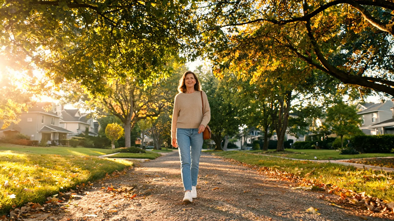 Woman in her fifties on a walk outdoors, looking relaxed and at ease