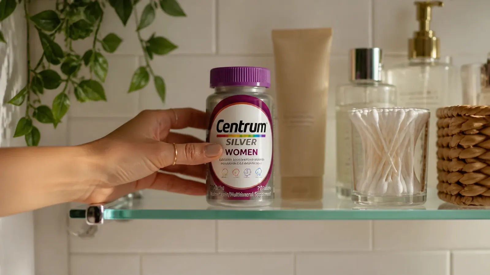 Close-up of Centrum Silver Women's multivitamin bottle on a white bathroom shelf next to a glass of water