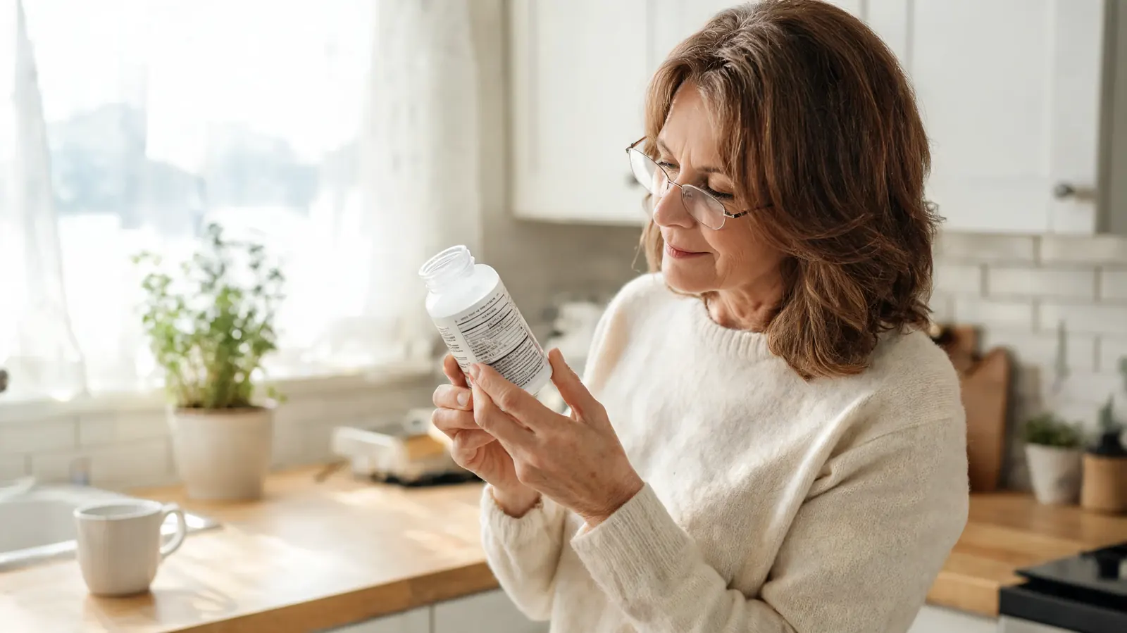 Woman reading the label on a supplement bottle in a well-lit kitchen
