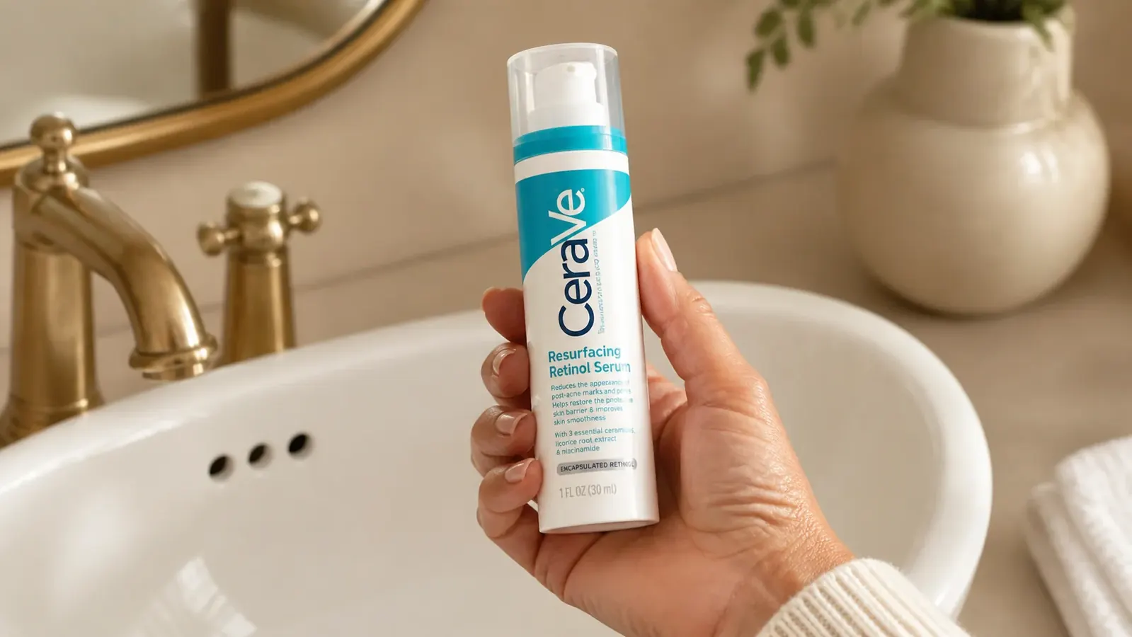 CeraVe Resurfacing Retinol Serum bottle held in a woman's hand next to a bathroom sink