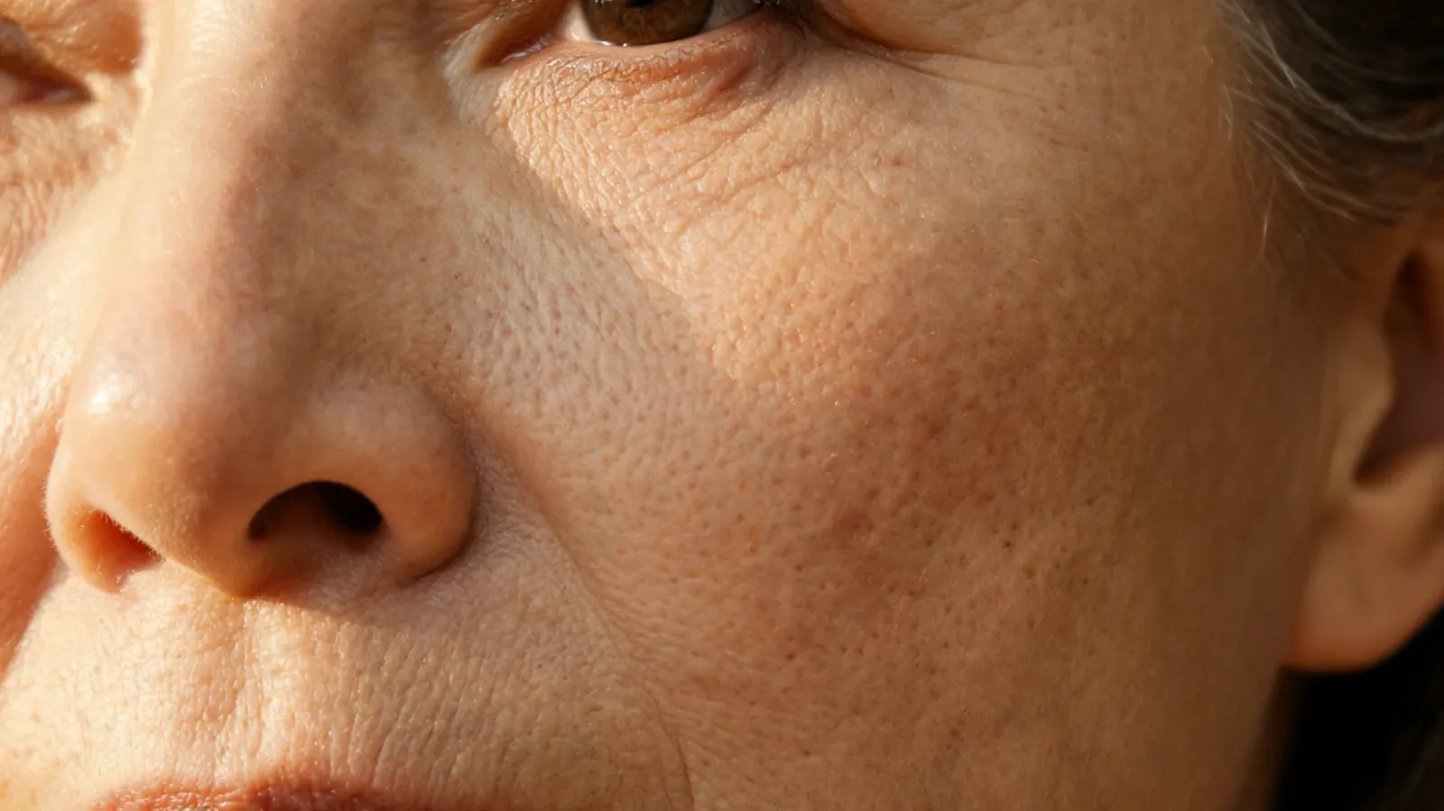 Close-up of smooth, healthy mature skin texture on a woman's cheek