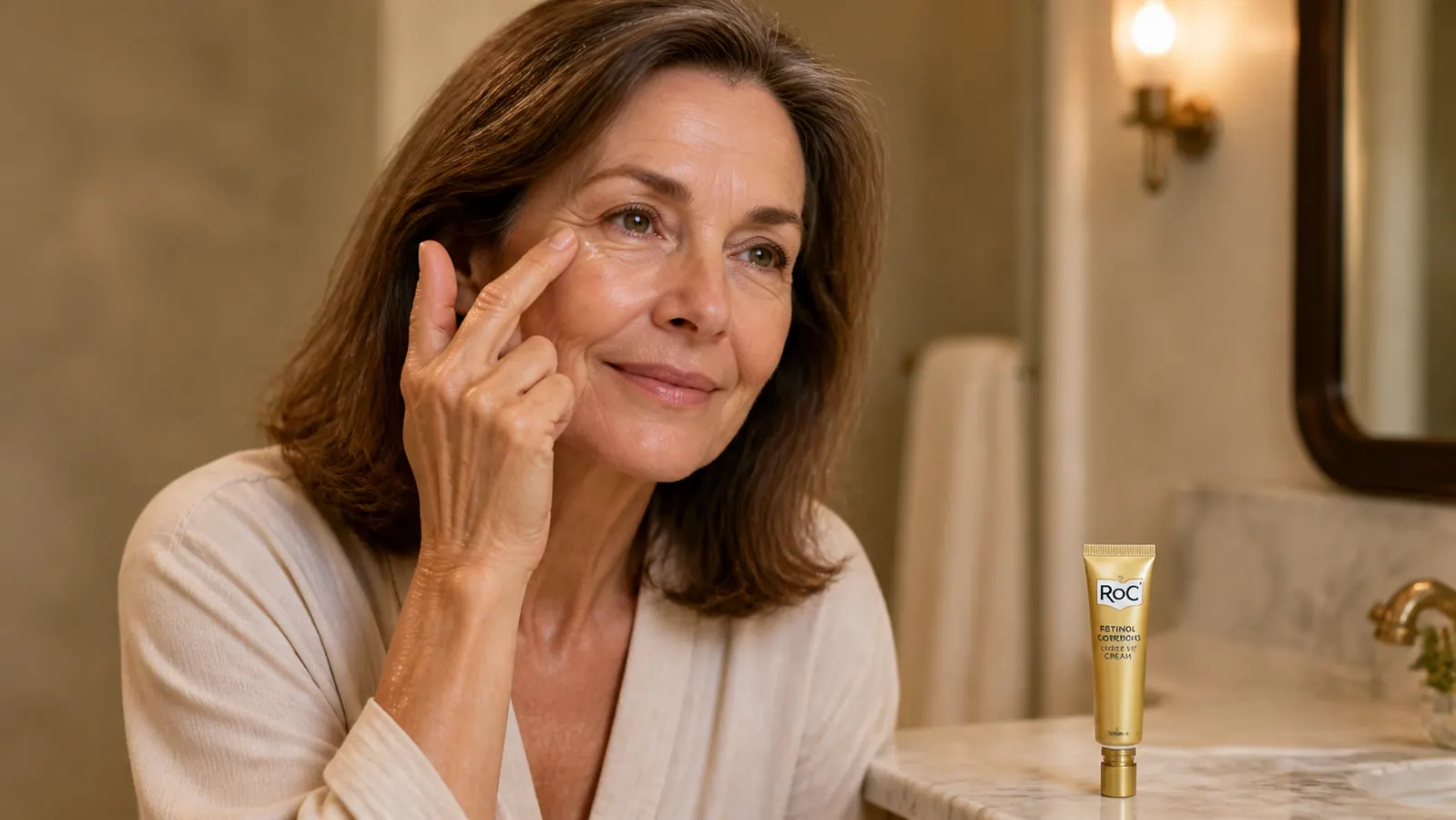 Close-up of fingertip applying a small amount of RoC Retinol Correxion eye cream to the orbital bone area