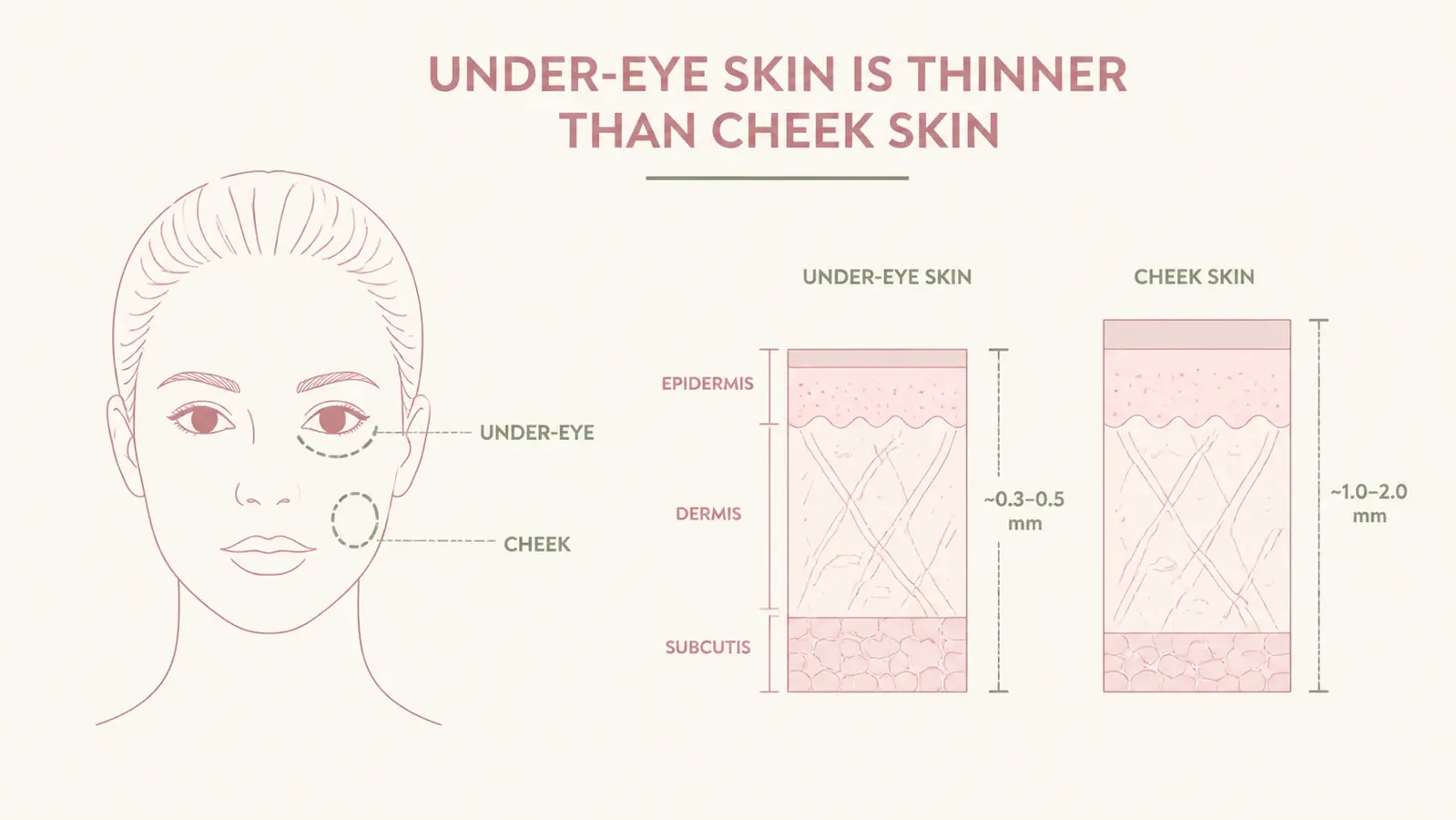 Side-by-side illustration showing cross-section of thin under-eye skin versus thicker cheek skin, labeled diagram