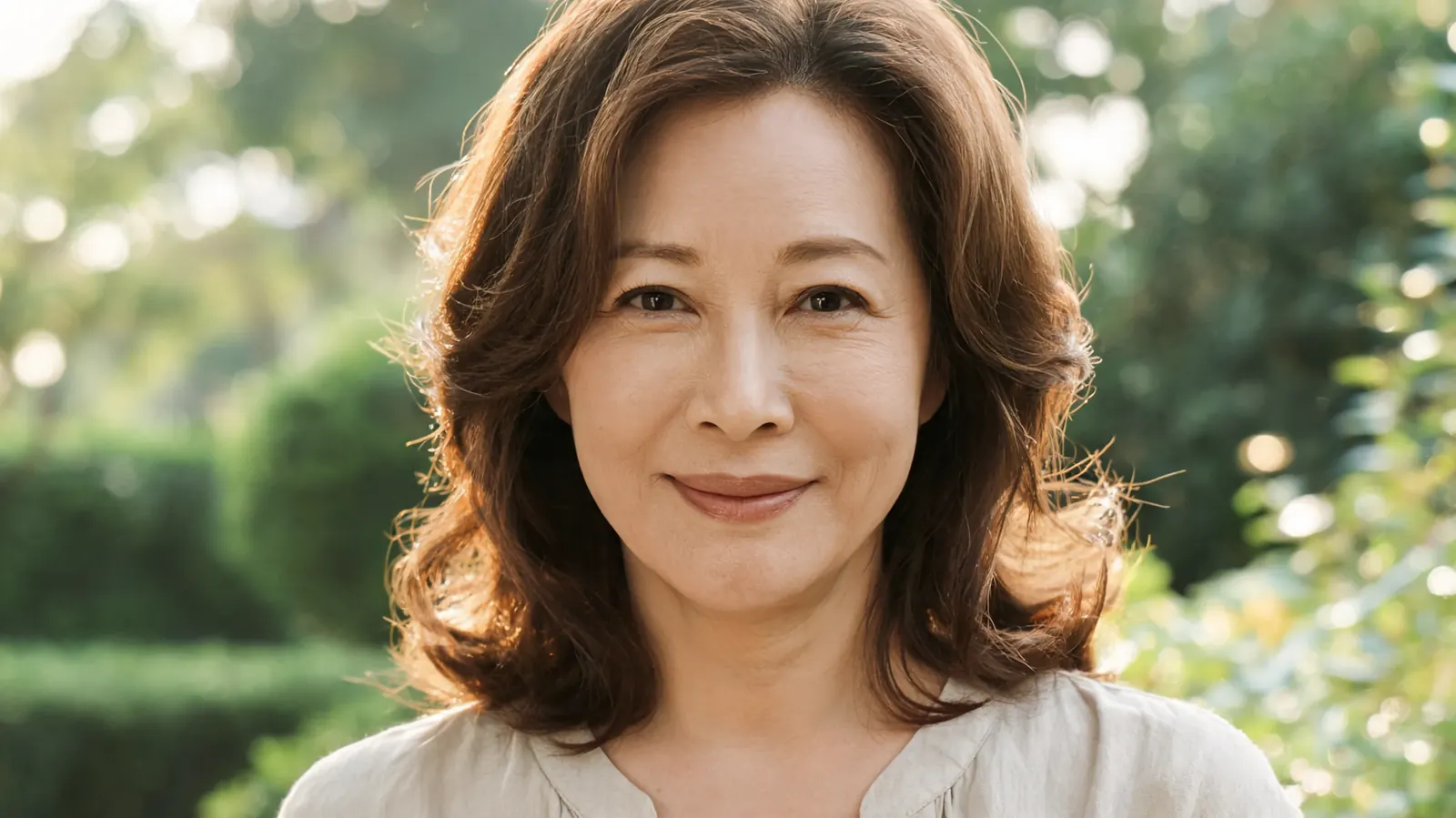 Woman in her fifties smiling with clear, rested-looking under-eye skin, outdoor morning light