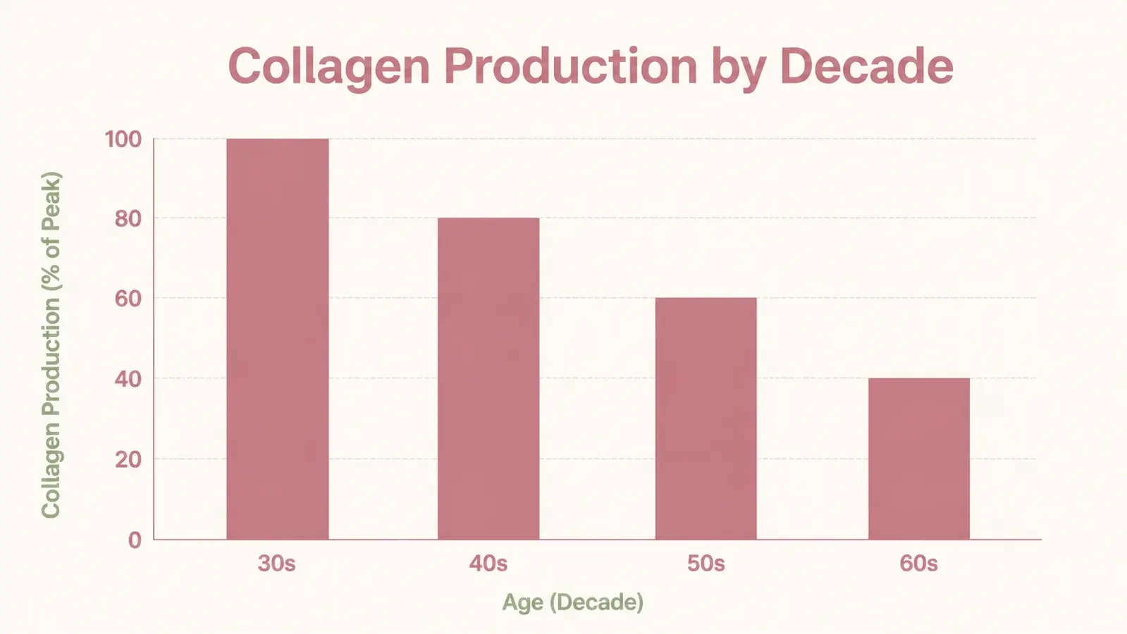 Simple chart showing collagen production decline by decade from age 30 through 60