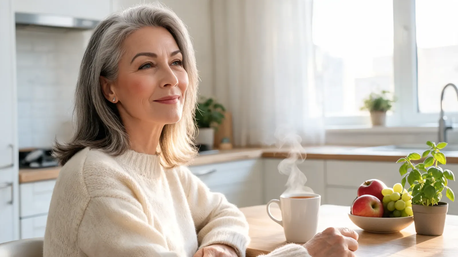 Woman in her fifties sitting at a sunny kitchen table with a cup of tea, skin looking clear and rested