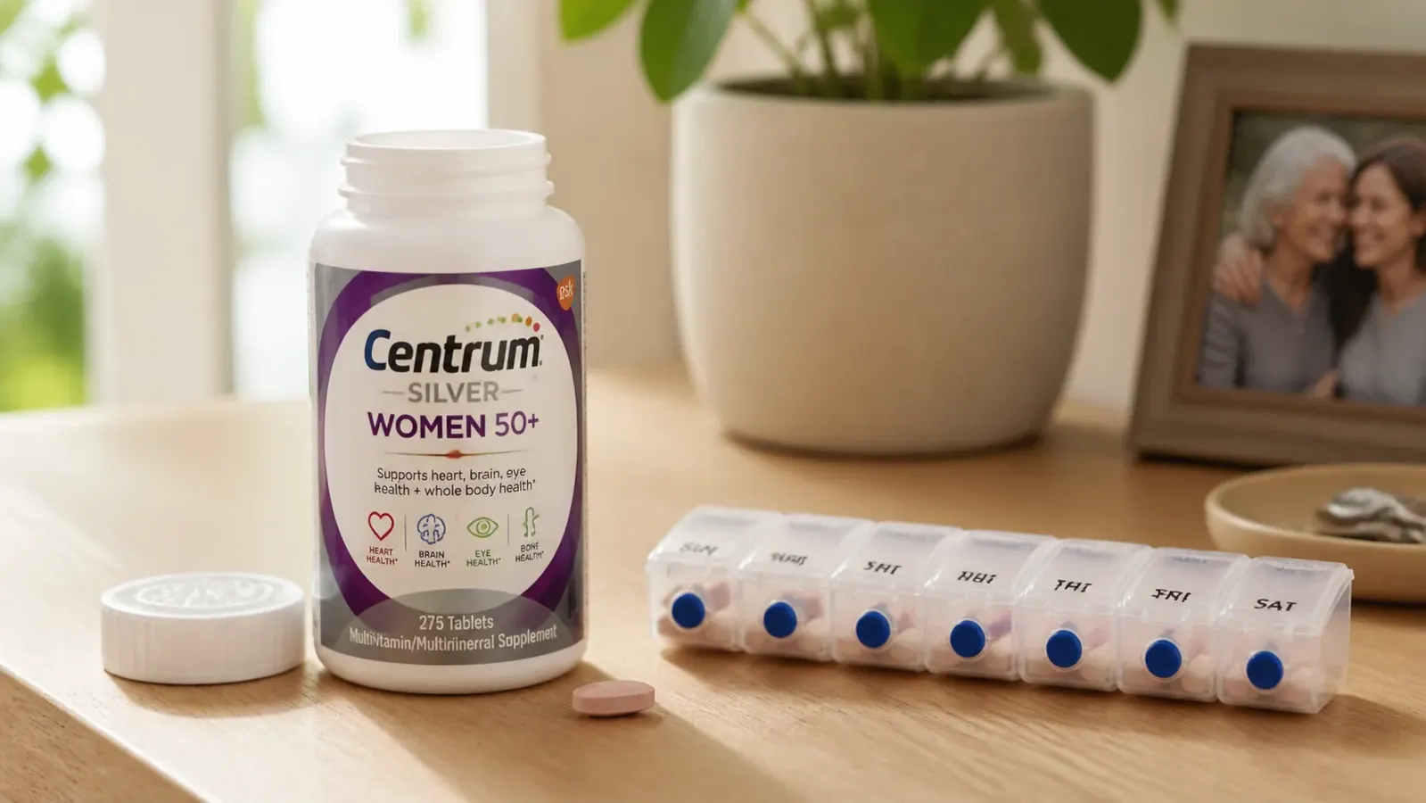Close-up of Centrum Silver Women 50+ bottle next to a daily pill organizer on a wooden surface