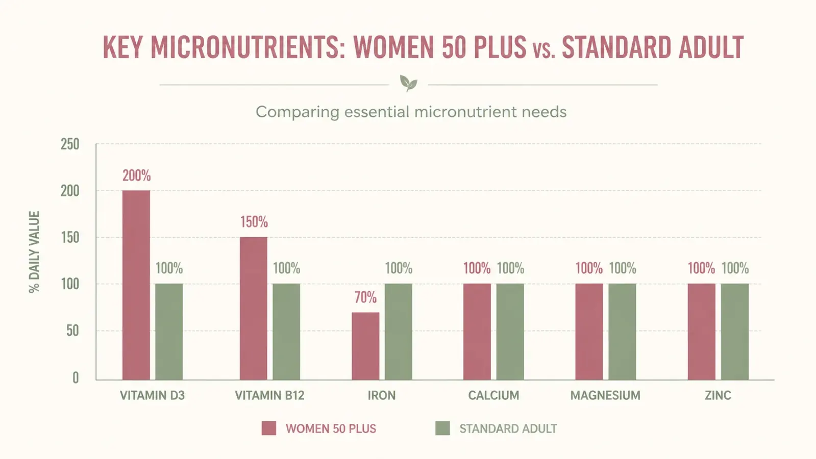 Simple chart comparing key nutrient levels in a women's 50 plus multivitamin versus a standard adult multivitamin, highlighting vitamin D3, B12, calcium, and iron