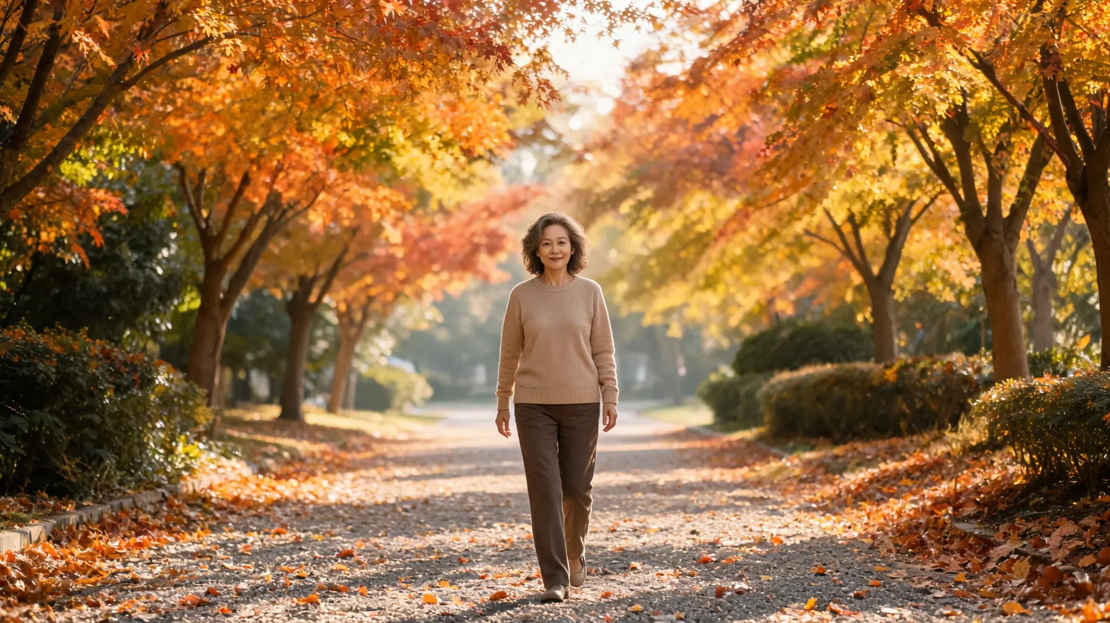 A woman in her fifties taking a morning walk in a park, looking energized and at ease