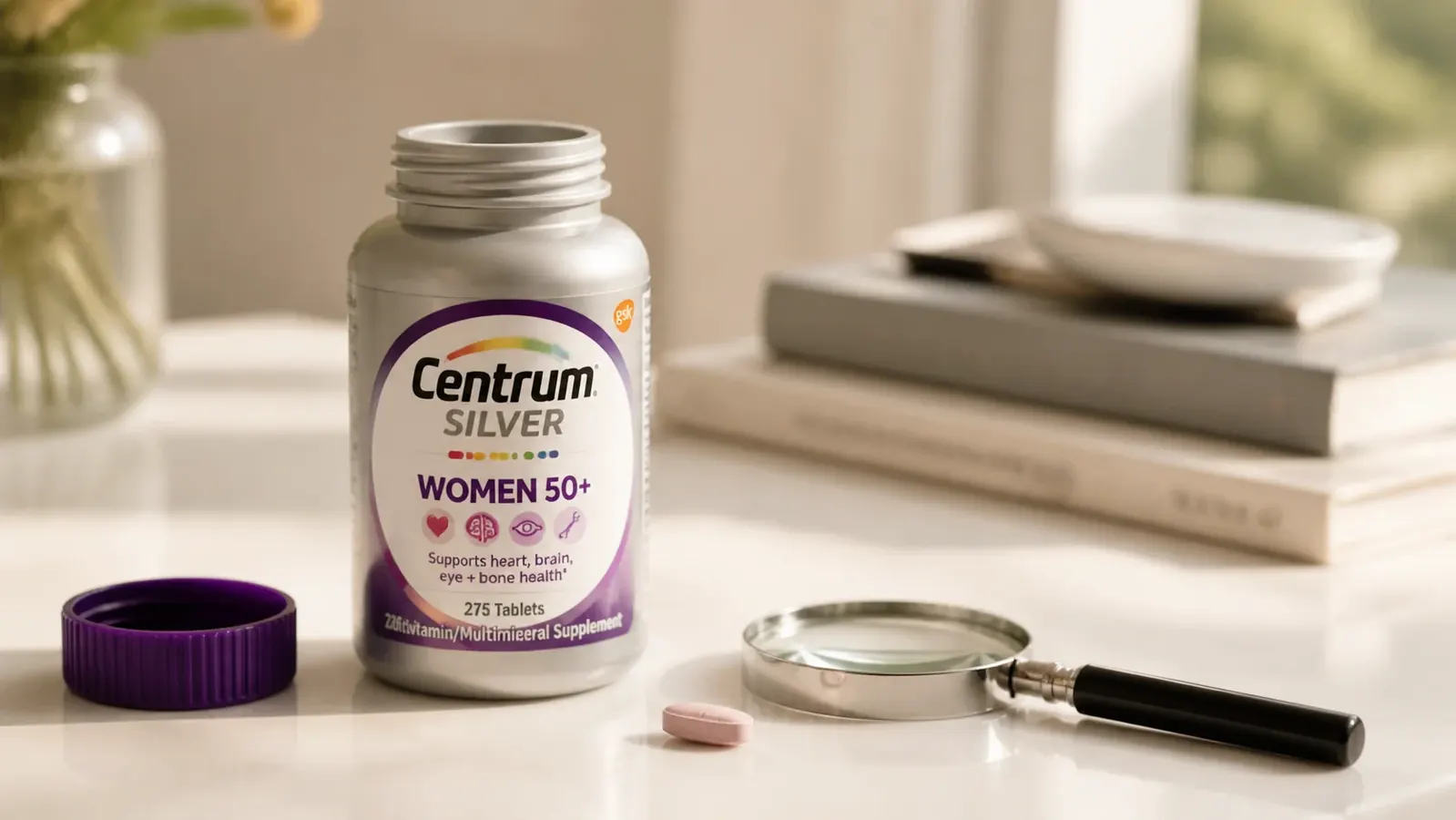 Centrum Silver Women 50+ bottle open on a counter beside a magnifying glass and a printed nutrition facts panel