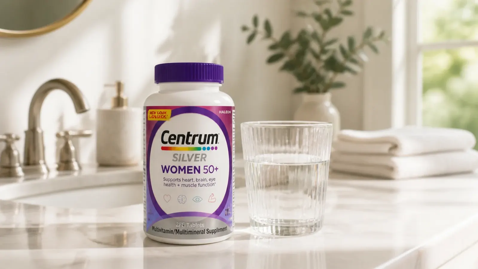 Close-up of Centrum Silver Women 50+ bottle on a bathroom counter beside a glass of water