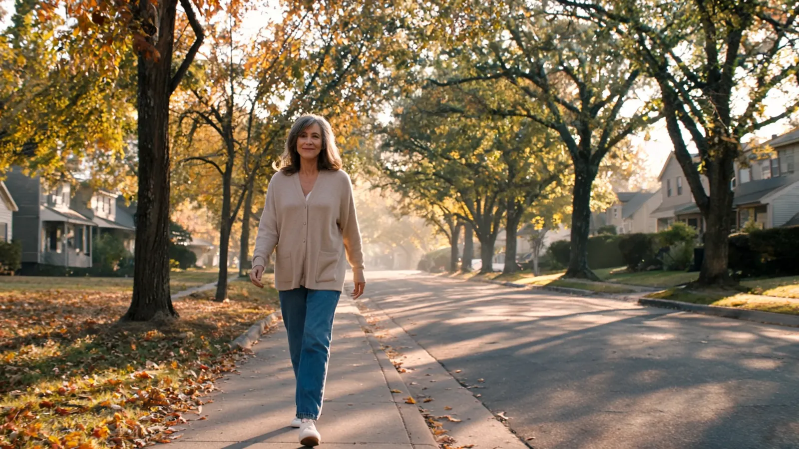 Woman in her fifties walking outside on a quiet residential street in morning light