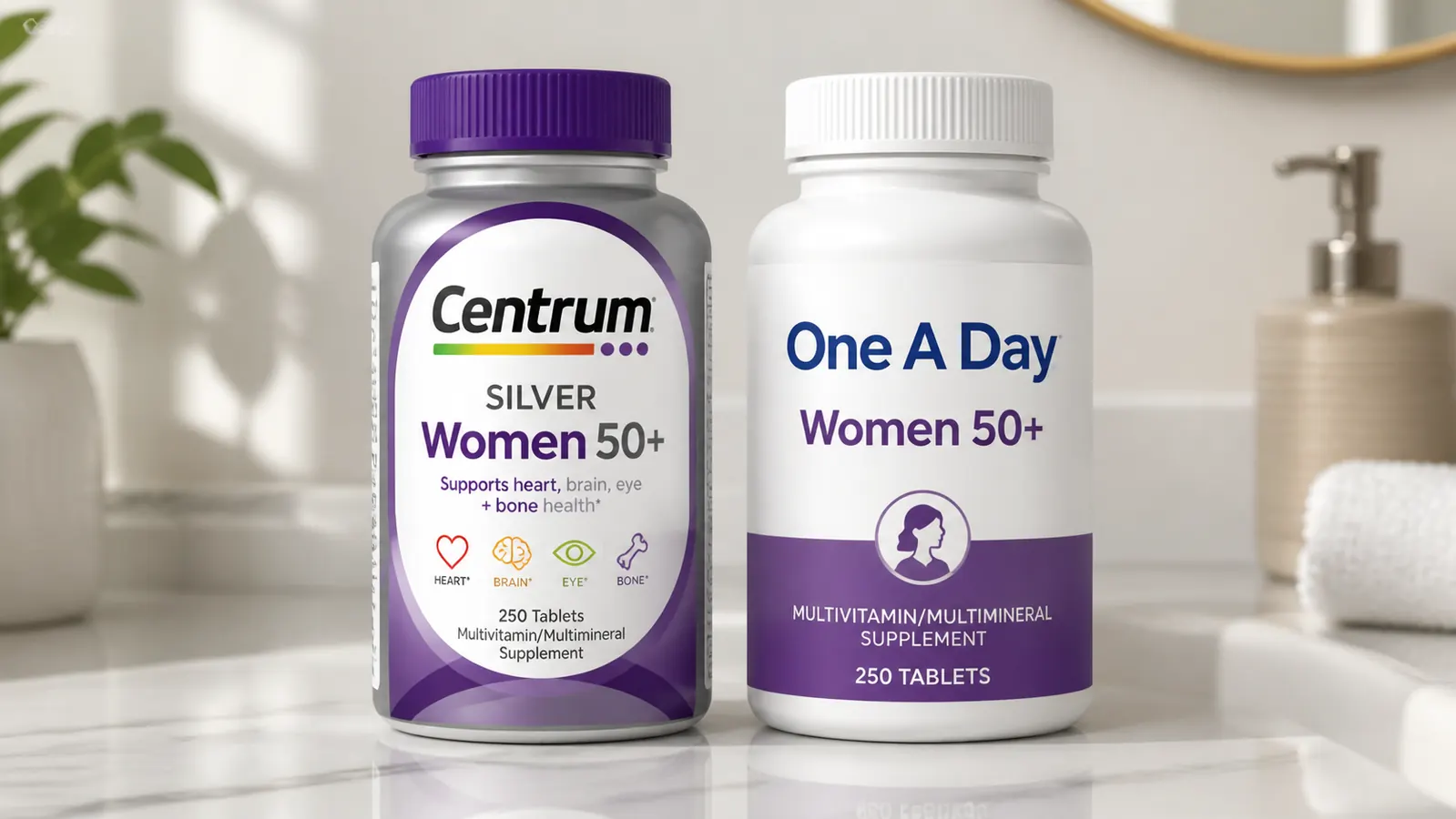 Close-up of Centrum Silver Women 50+ tablet in a woman's palm next to a supplement label