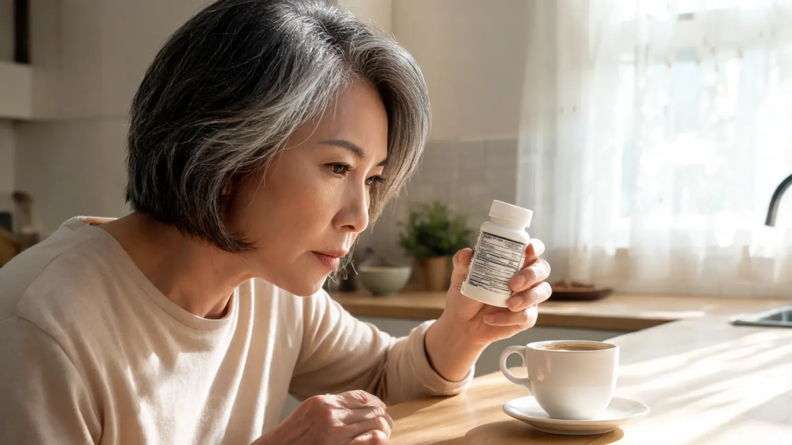 Woman in her fifties reading a supplement label in a well-lit kitchen