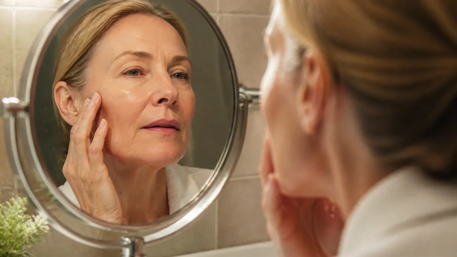 Close-up of a woman in her fifties touching her cheek gently, looking at skin texture in a magnifying mirror under bright bathroom light