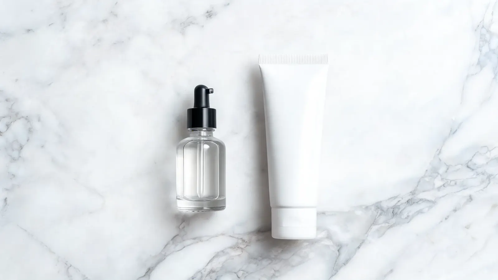 Two skincare serums side by side on a white marble surface, one smaller drugstore bottle and one larger prescription-style tube, representing the OTC versus prescription retinoid comparison