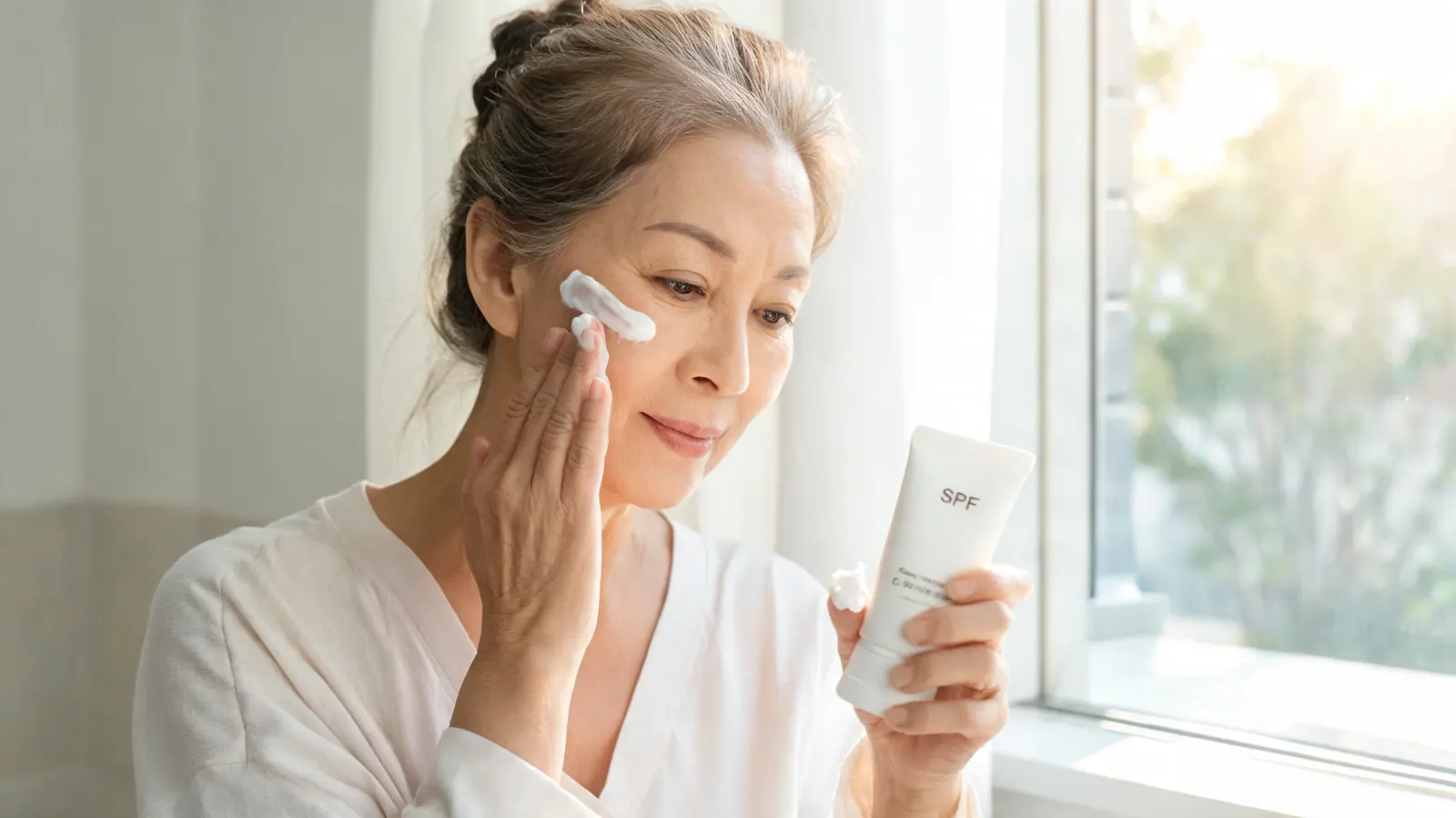 Woman applying sunscreen to her face on a bright morning, sunlight visible through a window behind her, emphasizing sun protection after retinol use
