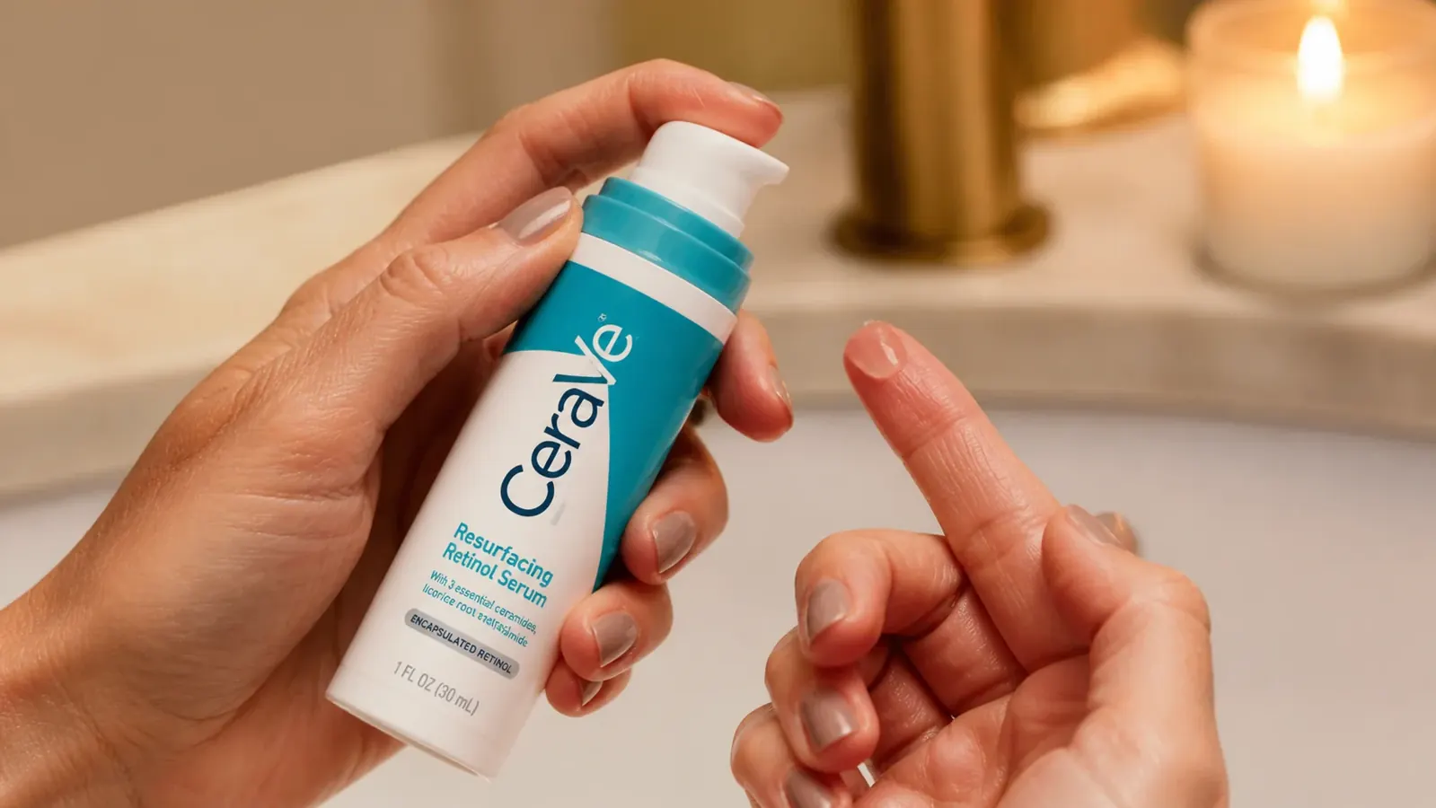 Woman's hand dispensing a small drop of clear serum onto her fingertip, held over a bathroom sink with warm ambient light