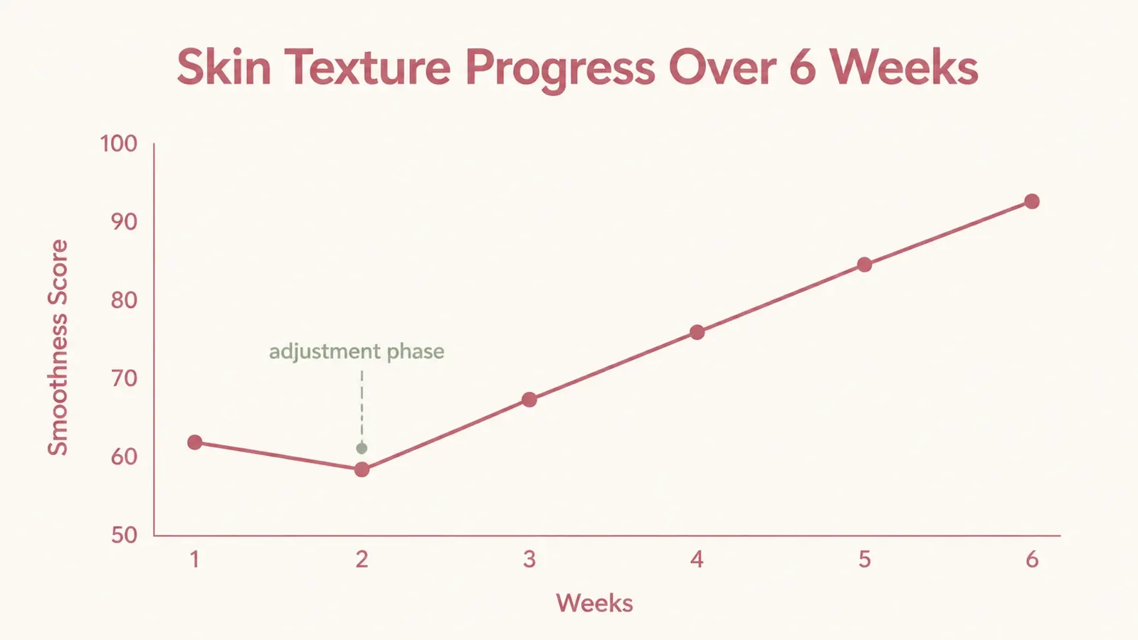 Simple line chart showing skin texture score improving gradually over six weeks, with a small dip at week two labeled retinization