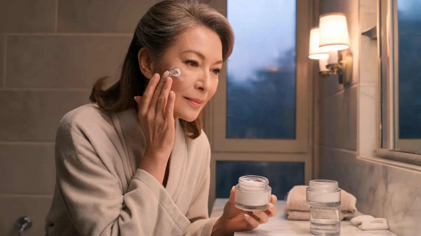 Woman in her mid-fifties applying moisturizer to her face at a bathroom mirror, relaxed evening light, natural expression