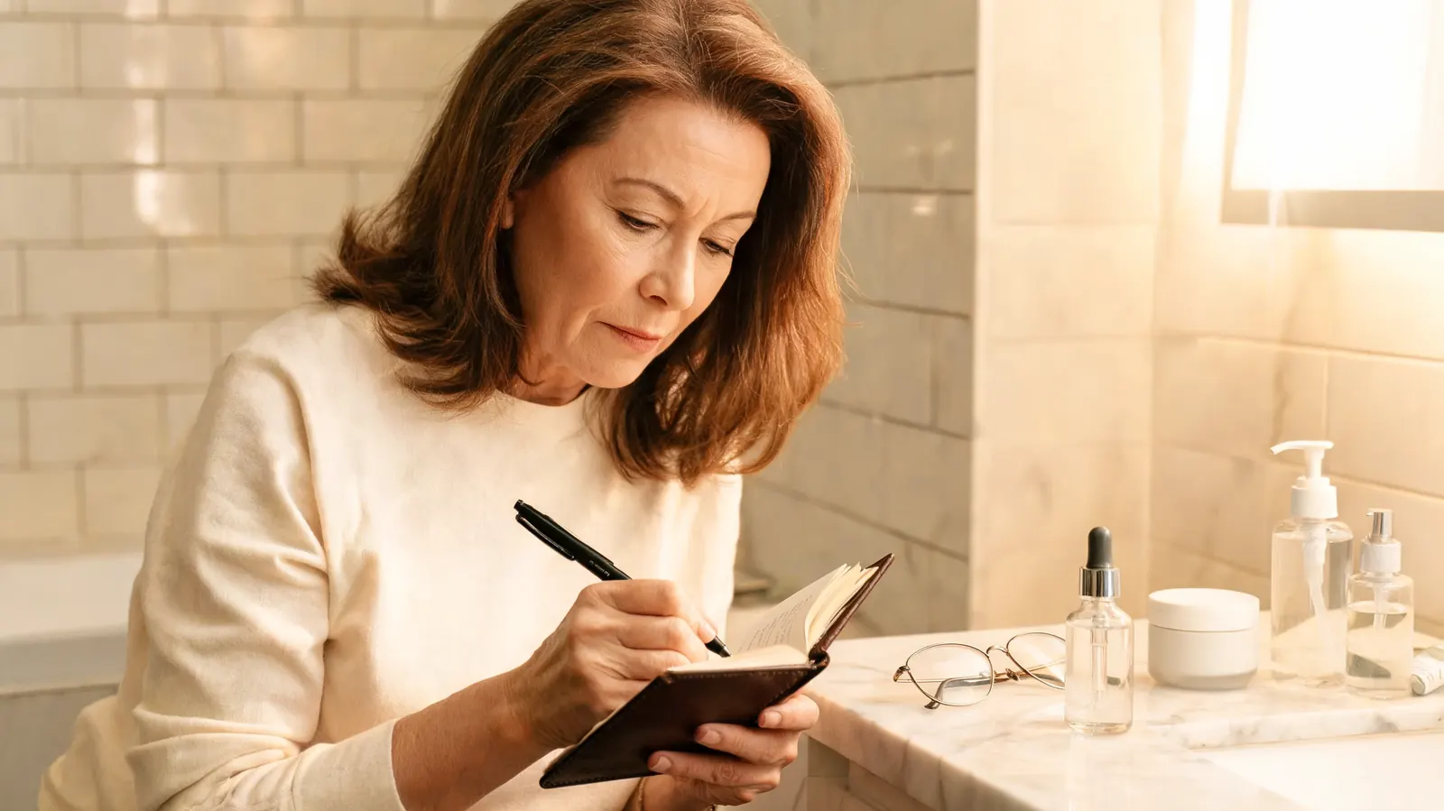 A woman writing notes in a small journal next to skincare products on a bathroom shelf