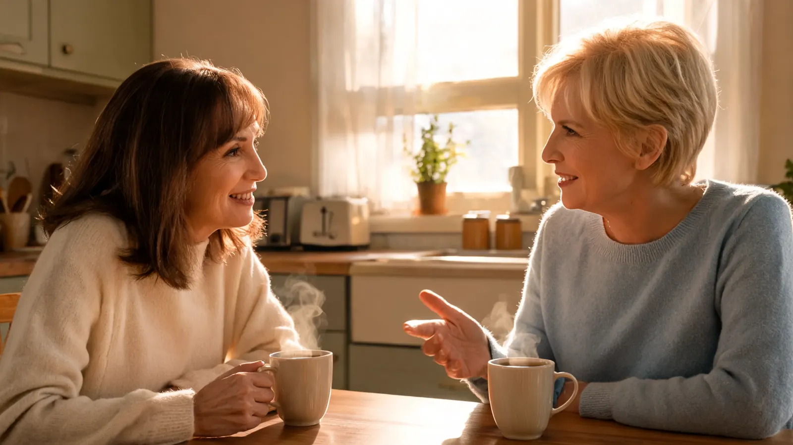 Two women in their fifties talking over tea at a kitchen table, comfortable and relaxed