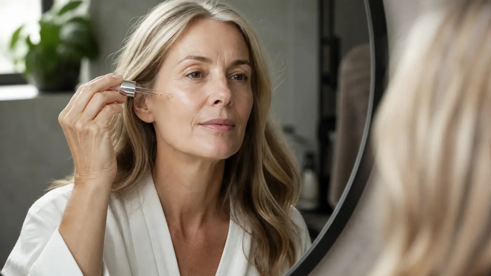 Close-up of a woman's hand holding a dropper of serum near her cheekbone in a bathroom mirror
