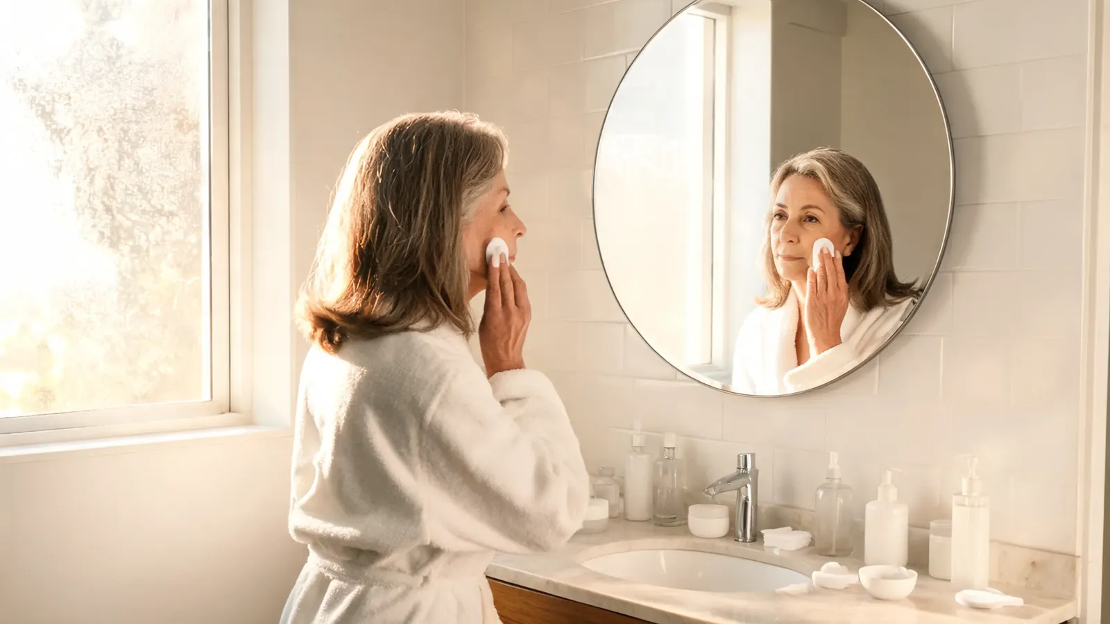Woman in her fifties at a bathroom vanity with skincare products in warm morning light