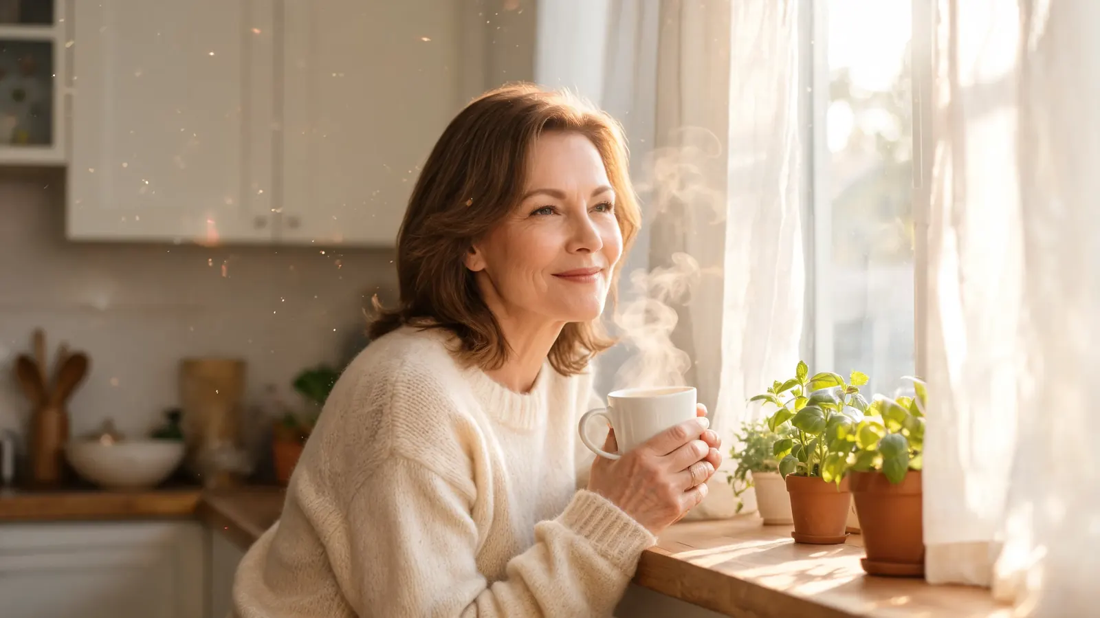 A woman in her fifties at a sunlit kitchen window with coffee and a journal, calm morning light