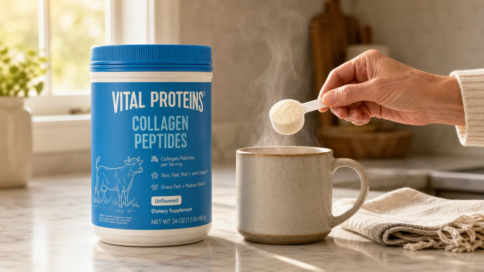 Hand spooning collagen peptide powder from a canister into a mug of hot coffee on a wooden kitchen counter