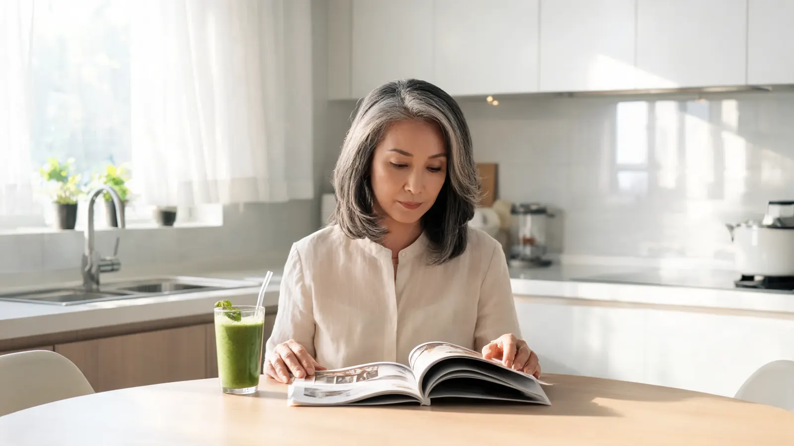 A woman in her fifties reading at a kitchen table with a smoothie in front of her, sunlight coming through a window