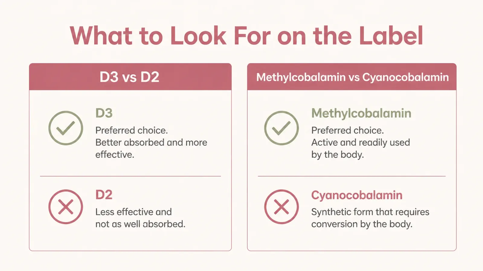 Comparison chart showing D3 vs D2 absorption rate and B12 forms methyl vs cyano for women over 50