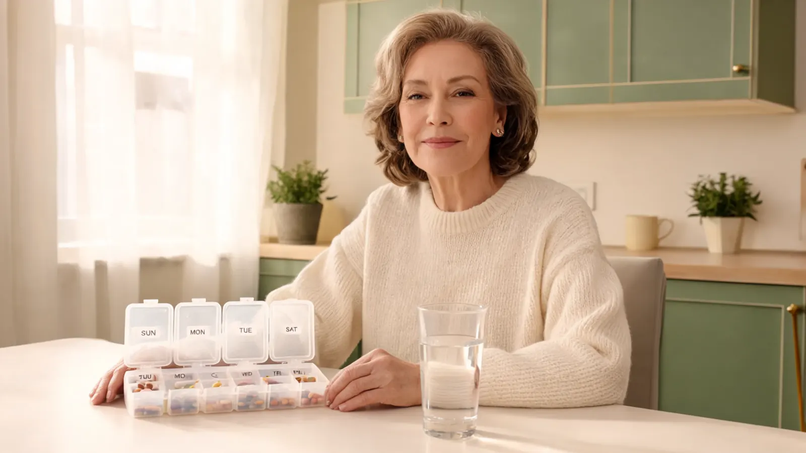 Woman at a kitchen table with a glass of water and a daily pill organizer, morning light coming through a window