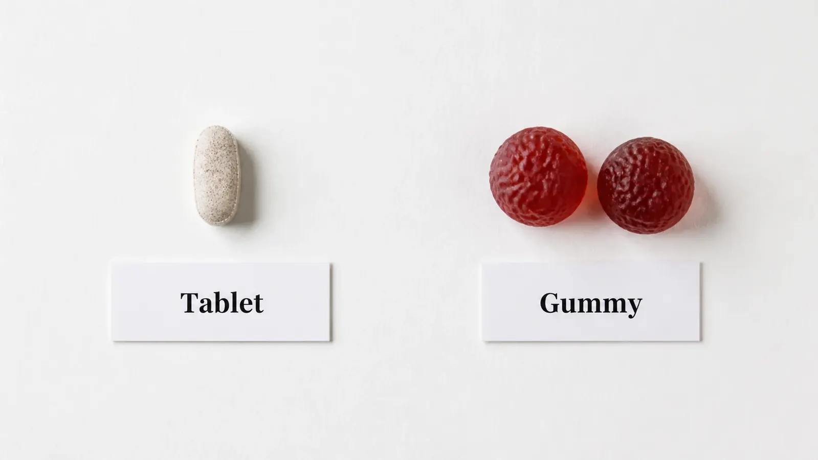 Open hand holding a single tablet multivitamin next to a gummy multivitamin, side by side comparison