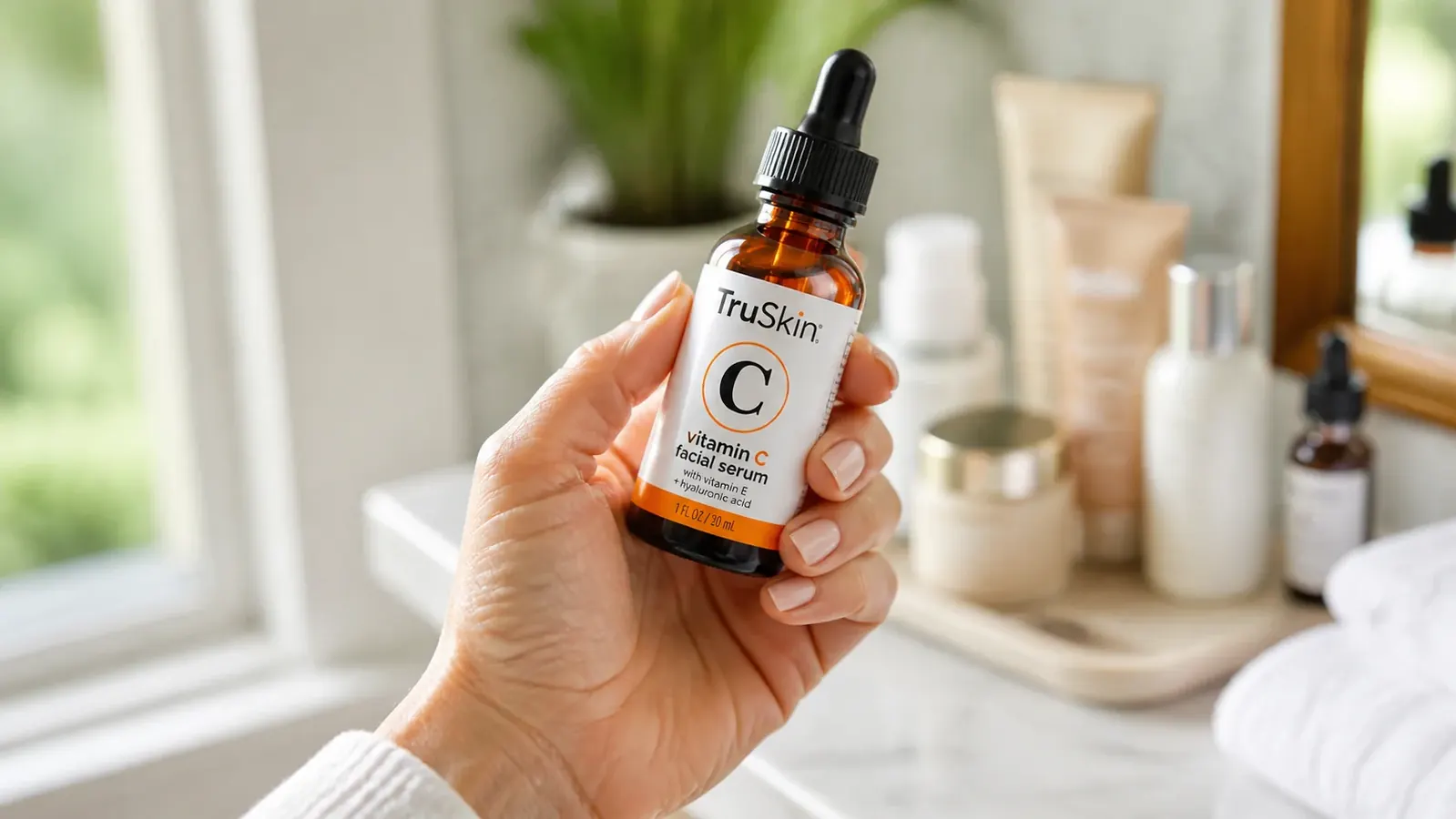 TruSkin Vitamin C Serum bottle held in a woman's hand next to a bathroom sink with a cleanser and moisturizer visible in the background