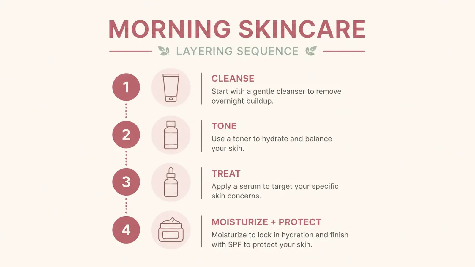 A simple layering order chart showing four steps: cleanser, vitamin C serum, moisturizer, SPF, with arrows between each step