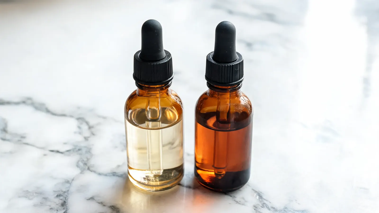 Two small serum bottles side by side, one clear and one slightly orange-tinged, illustrating the difference between fresh and oxidized vitamin C serum