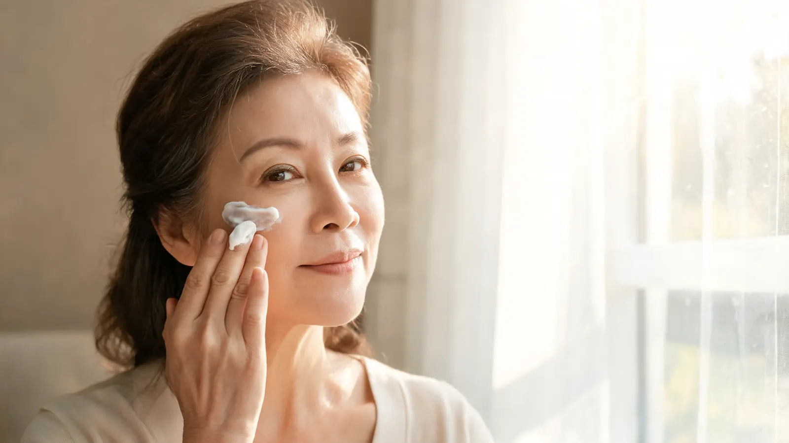 A woman applying sunscreen as the final step in her morning routine, standing by a window with sunlight on her face