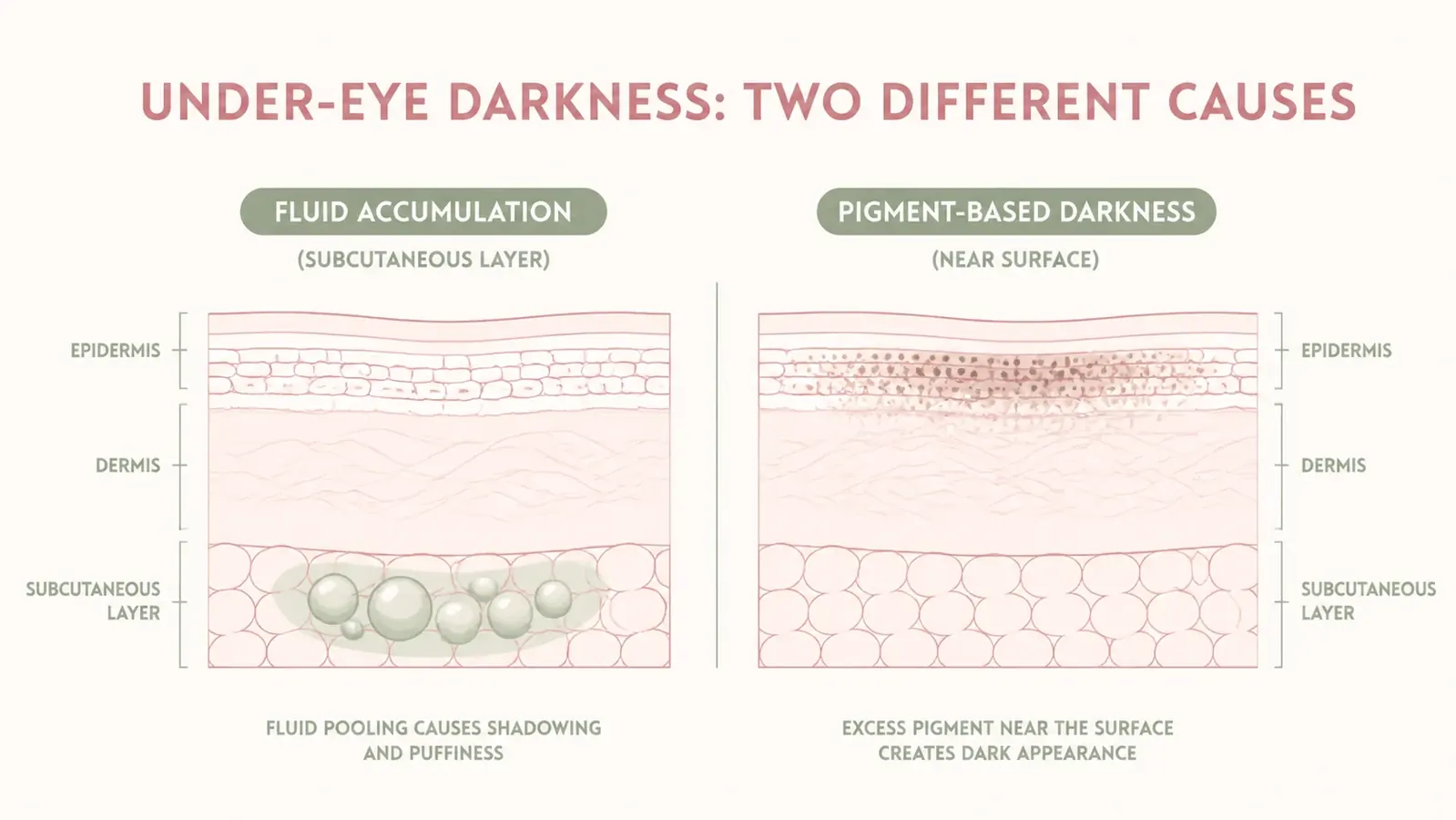 Illustration showing cross-section of under-eye skin layers, indicating where fluid pools and where melanin deposits create dark circles