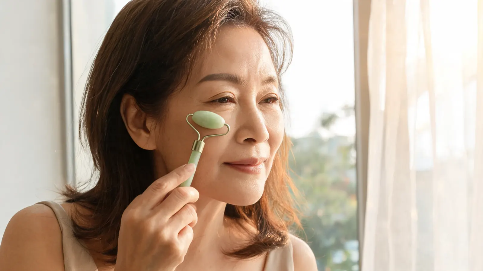 Woman in her fifties applying a chilled jade roller under her eye while seated at a window, soft natural light