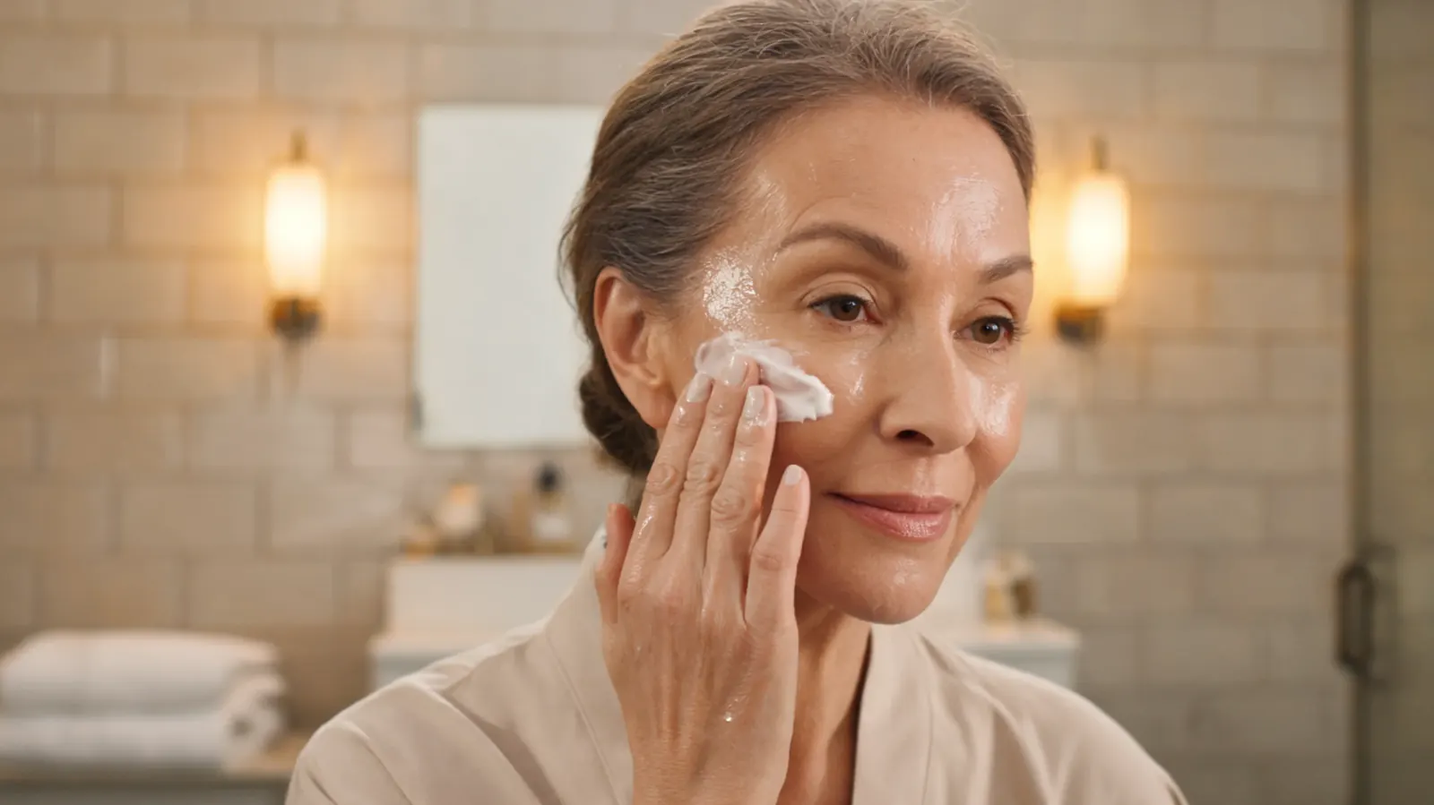 Woman in her fifties gently applying moisturizer over serum, layering products in front of a bathroom mirror