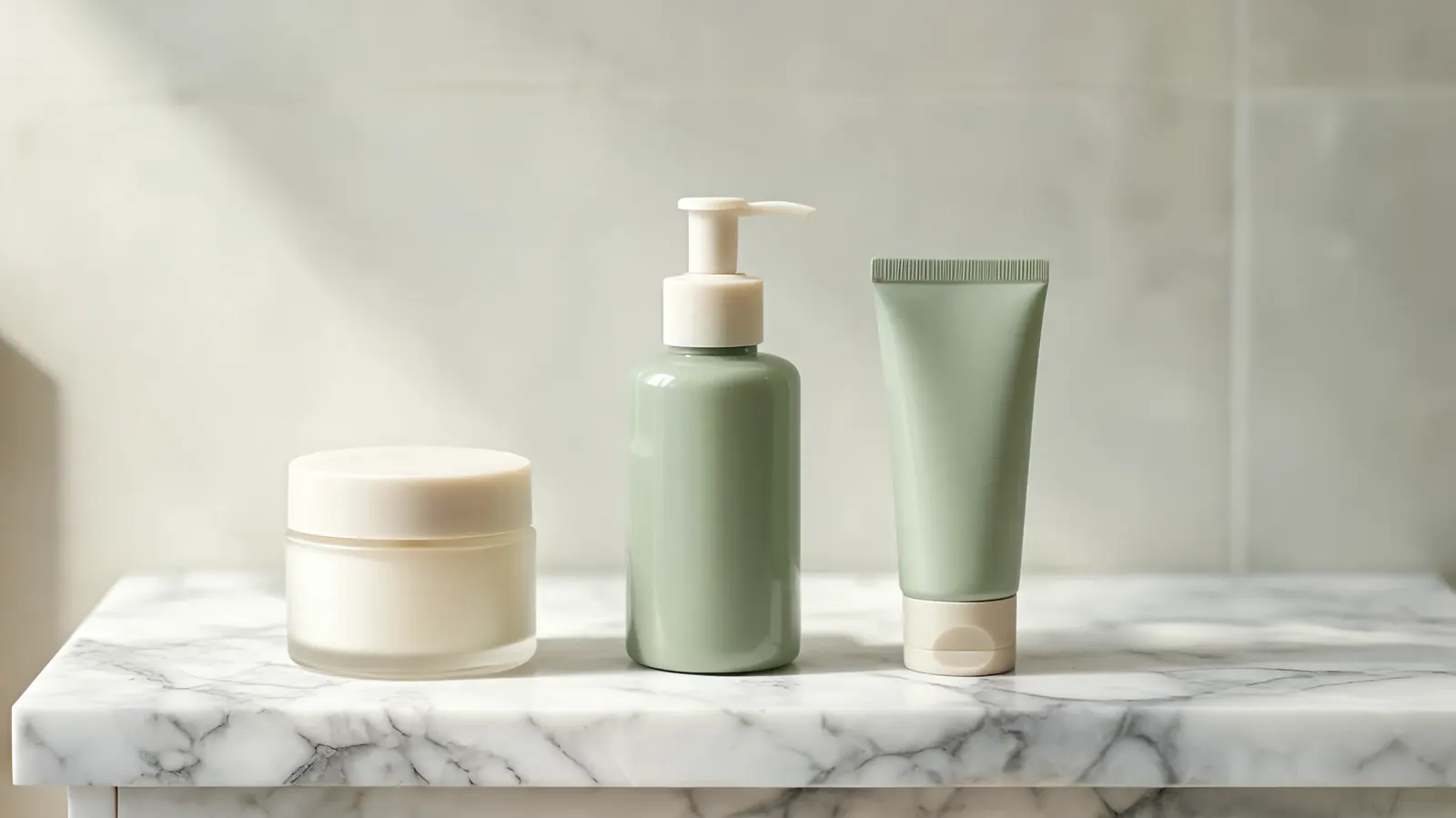Calm morning skincare shelf with a serum, moisturizer, and SPF sunscreen arranged neatly on a cream-colored surface
