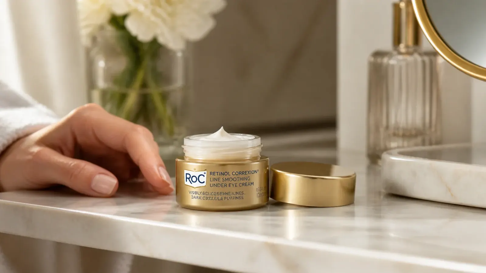 Small white eye cream jar with retinol label on a marble bathroom shelf beside a folded white hand towel