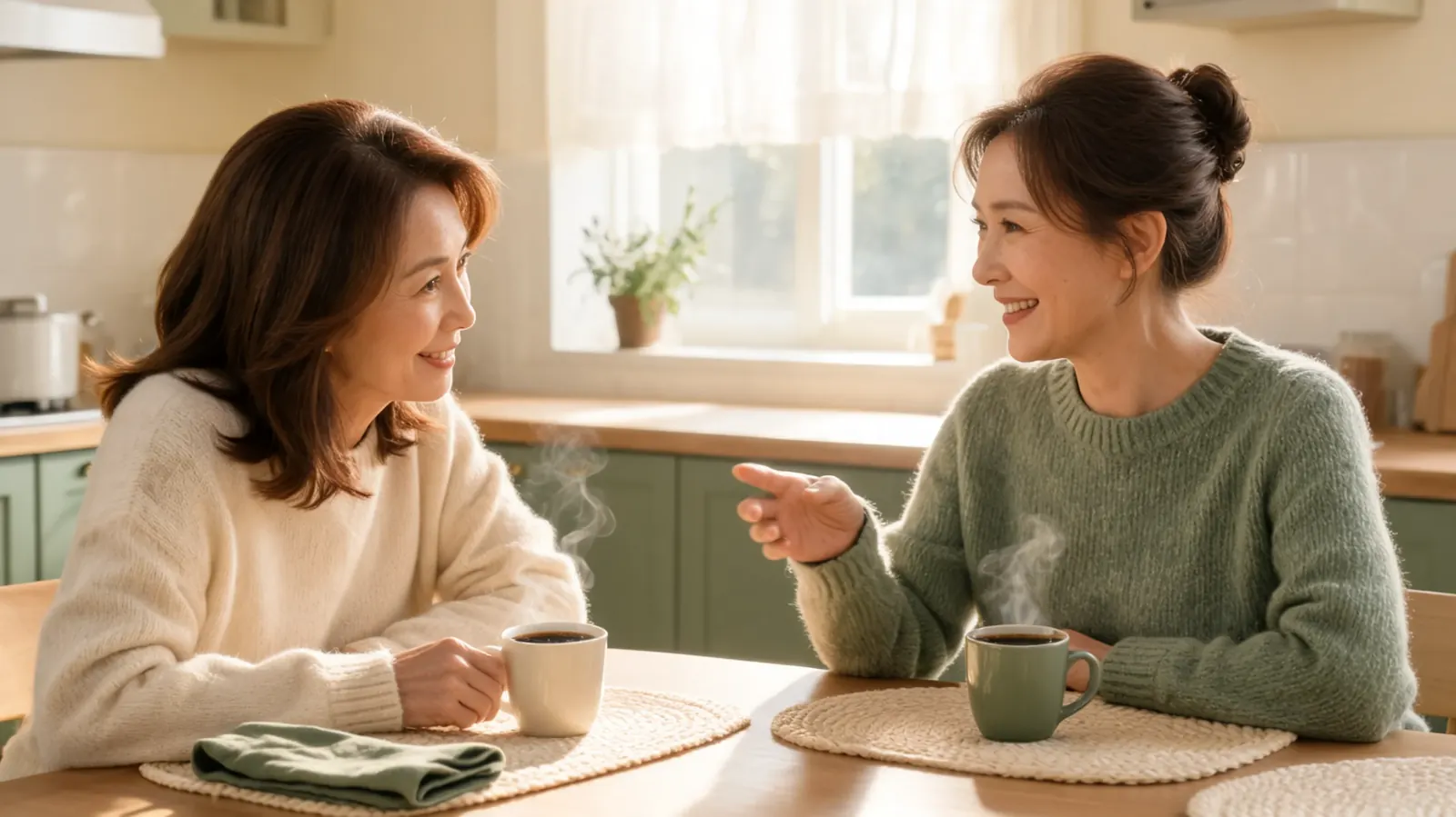 Two women in their fifties sharing coffee at a kitchen table in morning light, talking comfortably