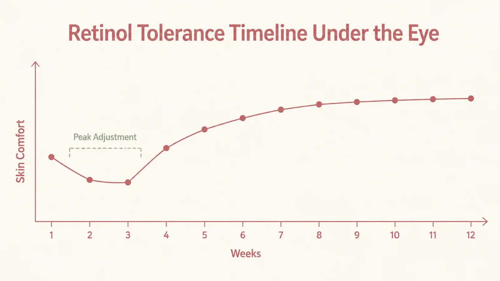 Simple annotated chart showing the under-eye irritation and tolerance curve during retinol introduction, with weeks one through twelve on the x-axis and a dip in weeks two and three before stabilizing