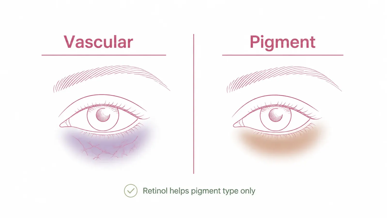 Split close-up illustration of two types of under-eye dark circles, one with a blue-purple vascular tone and one with a brown pigment tone, with simple text labels indicating cause type