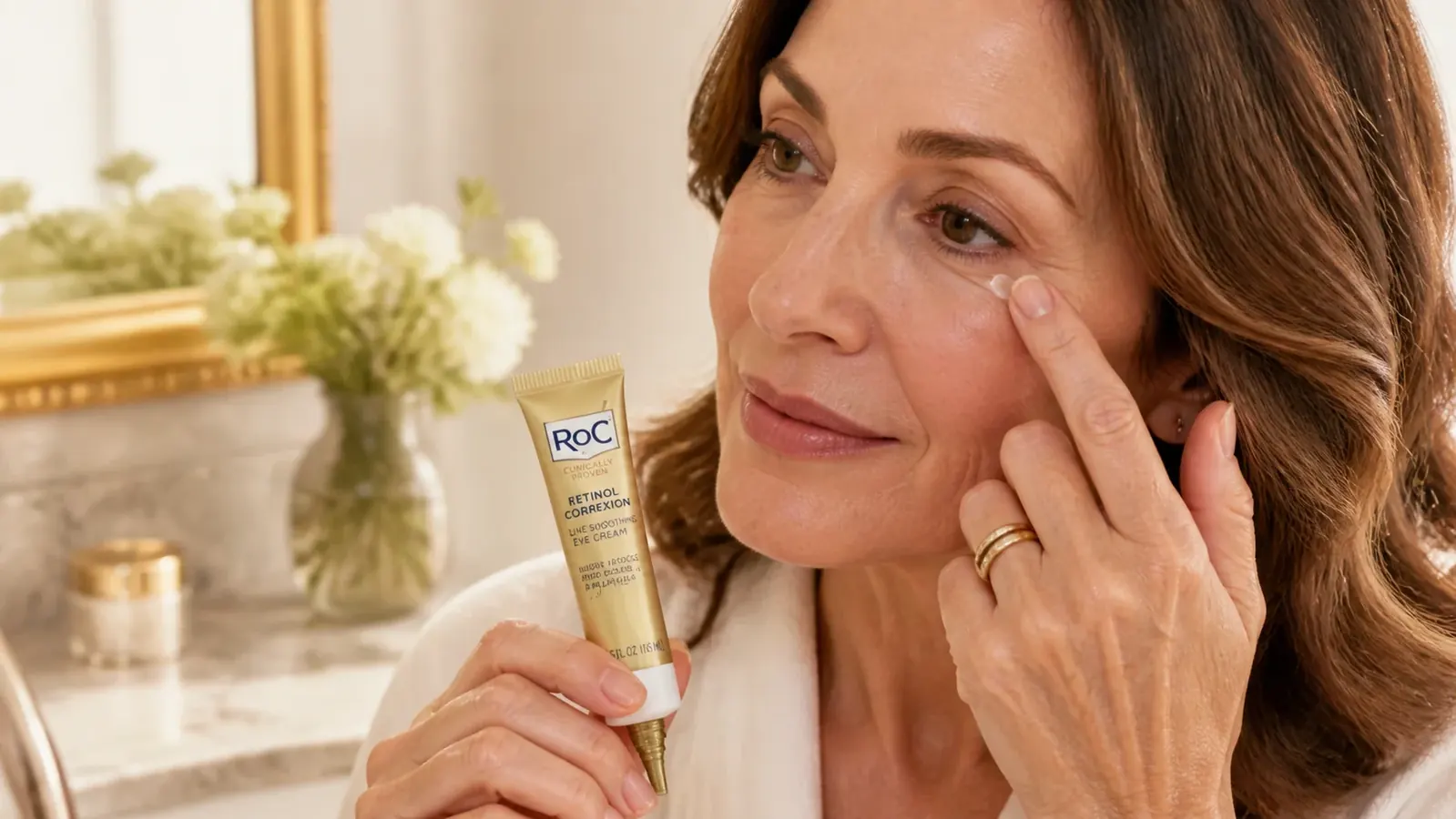 Hand holding the RoC Retinol Correxion Under Eye Cream tube beside a woman's under-eye area, showing the small amount dispensed before application