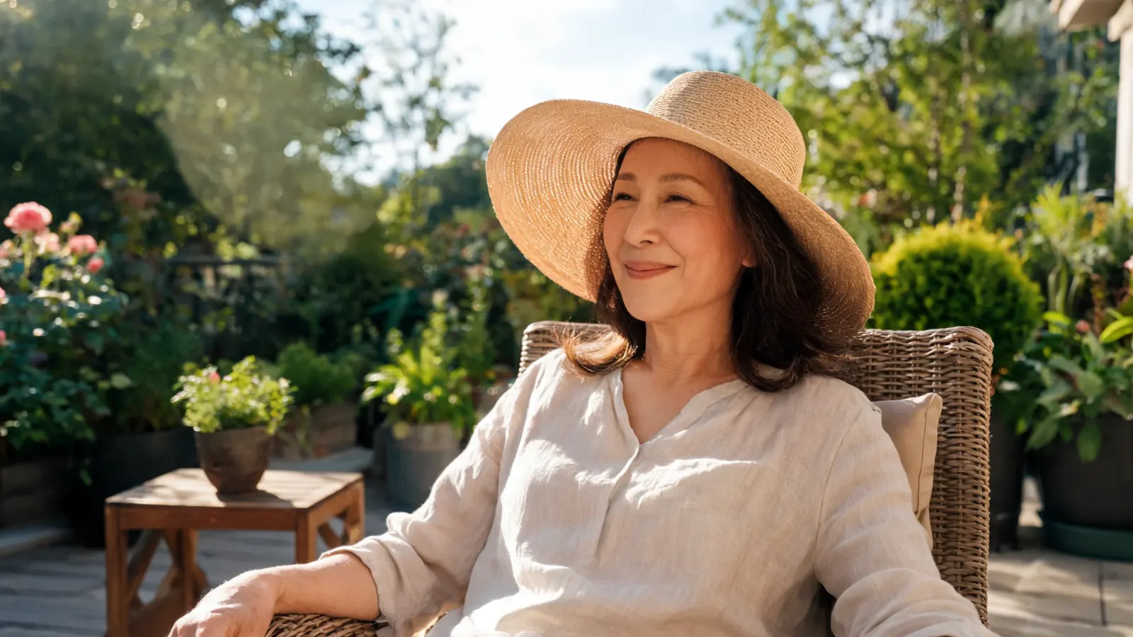 Woman in her fifties sitting outdoors in morning sun wearing a mineral sunscreen and a wide-brimmed hat, illustrating sun protection as the essential pairing for retinol eye cream use