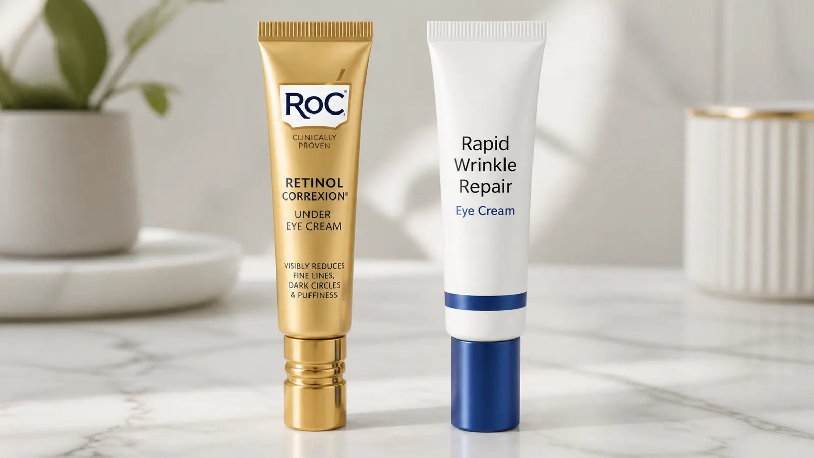 Close-up of finger applying a small amount of RoC Retinol Correxion eye cream from an airless tube, showing the pale cream texture